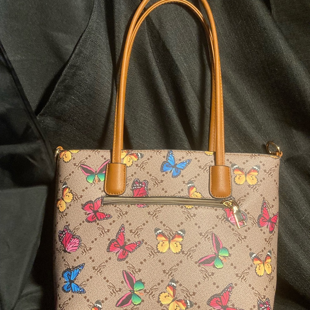 American Bee Butterfly Print Tote Bag with Tan Accents - Picture 2 of 5